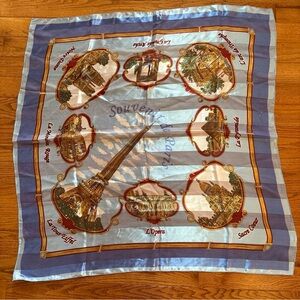 Vintage Scarf Souvenir De Paris  France Eiffel ~ Blues 26” X 26” Clean Unused